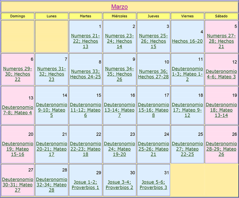 Calendario Bíblico de Marzo del 2016